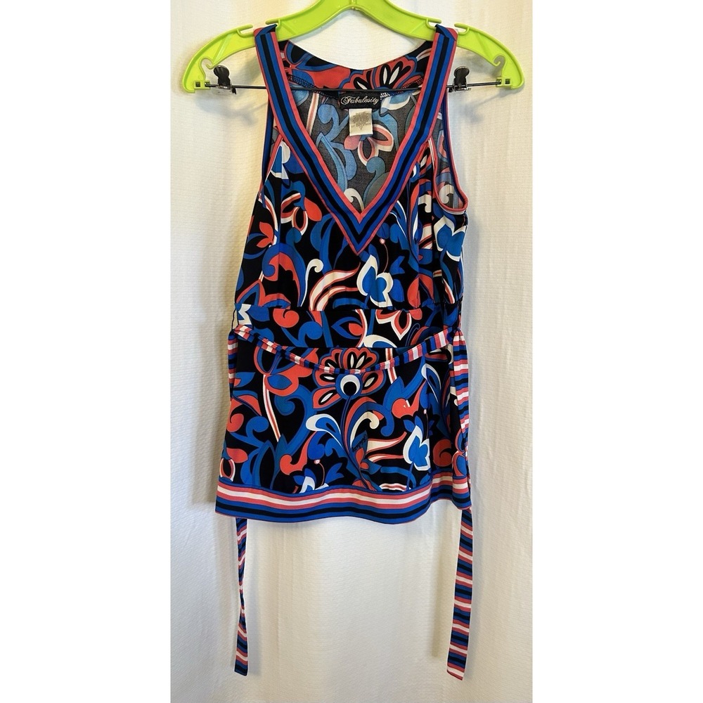 VTG Y2K Fabulosity Bold Abstract Babydoll Tank Top Tie Back Womens M Floral
